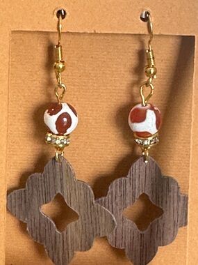 Handcrafted Brown Wood and Red-White Bead Drop Earrings